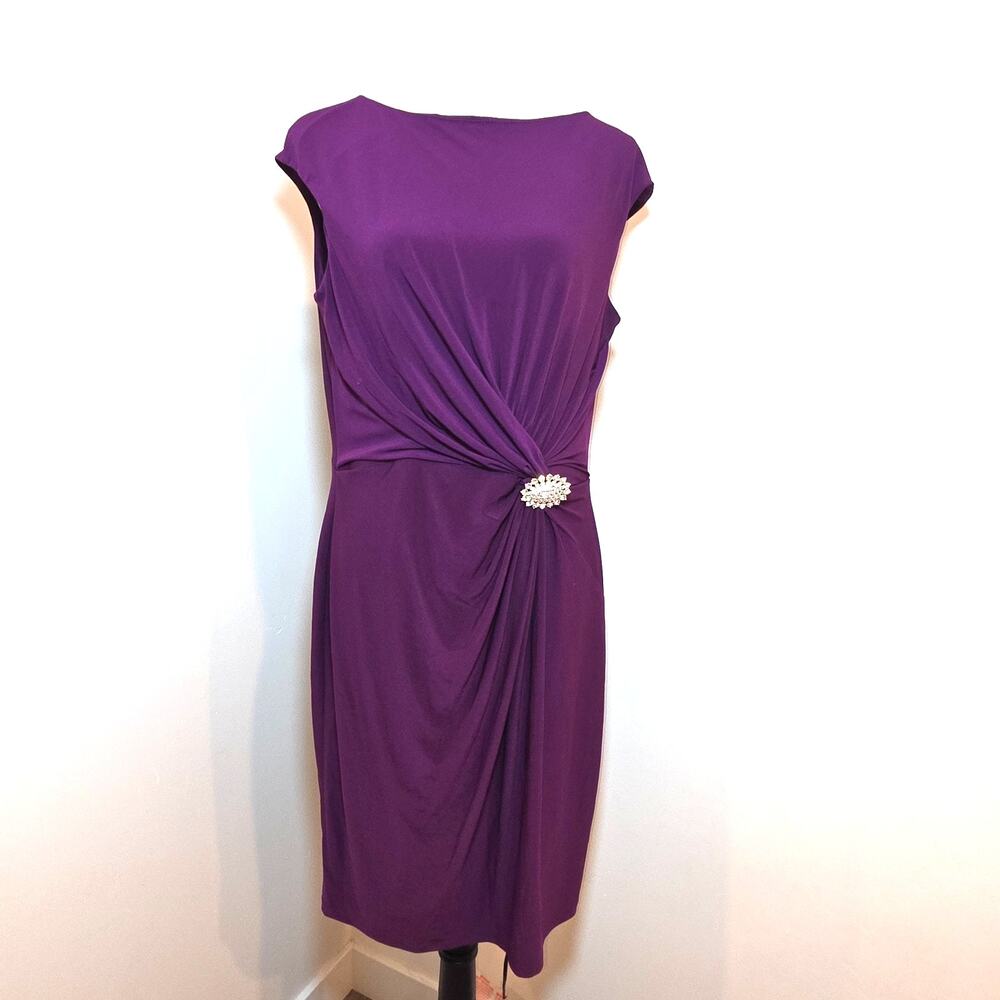 Ralph Lauren Faux Wrap Dress Womens 16 Purple Cap Sleeve Brooch Stretch Cocktail